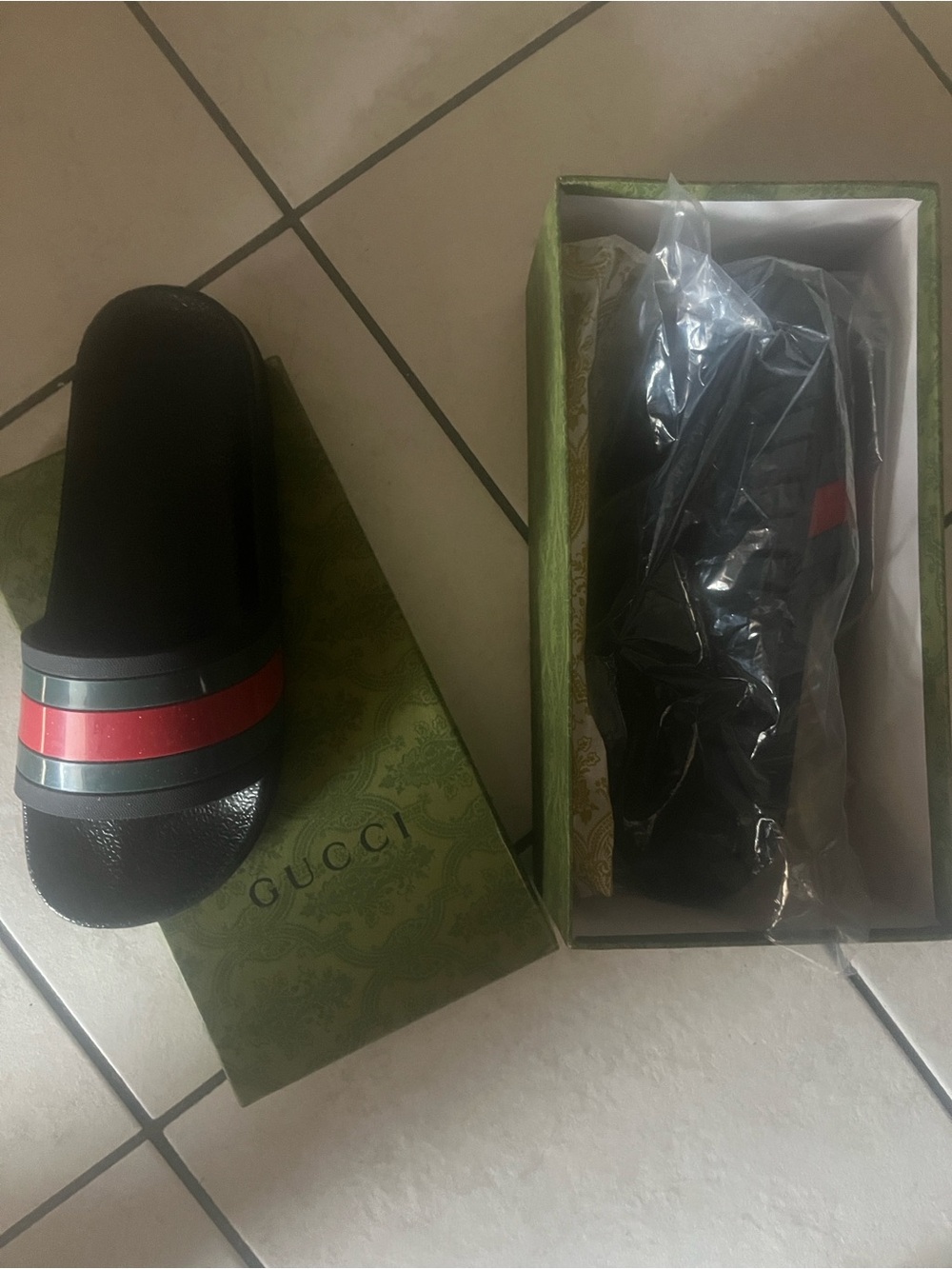 Gucci Black Slide Sandals with Red and Green Stripes